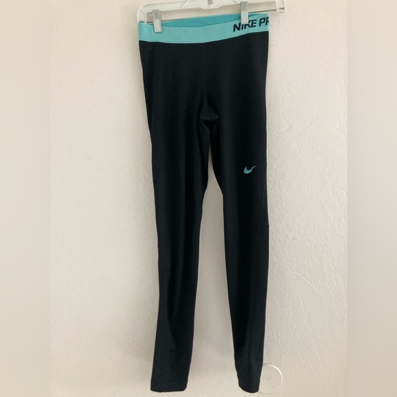 Nike Pro Leggings Black Mid Rise Full Length Blue Workout Errands Travel Small - Picture 1 of 7